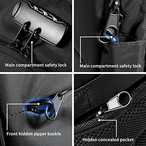 Backpack showing main compartment locks, hidden zipper buckle, and concealed pocket.