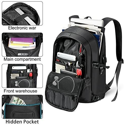 Black backpack with multiple compartments and items inside.