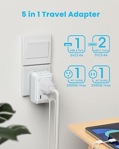 5 in 1 travel adapter plugged into wall with USB and AC ports.