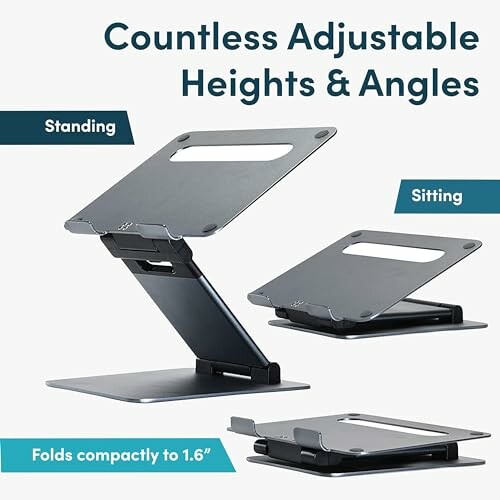 Adjustable laptop stand with various heights and angles for standing and sitting.