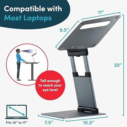 Adjustable laptop stand with dimensions and compatibility.