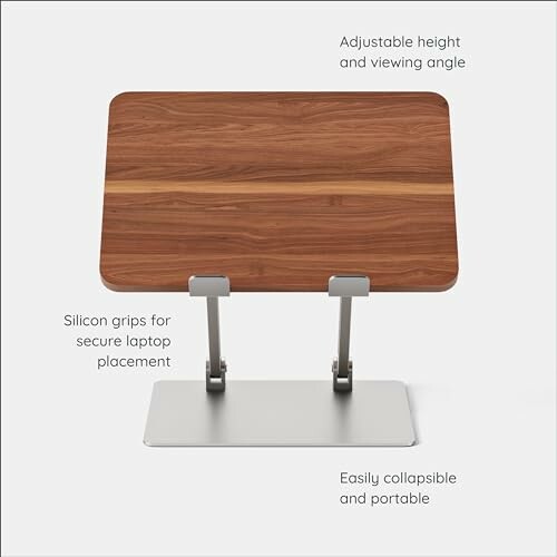 Adjustable wooden laptop stand with silicon grips and collapsible design