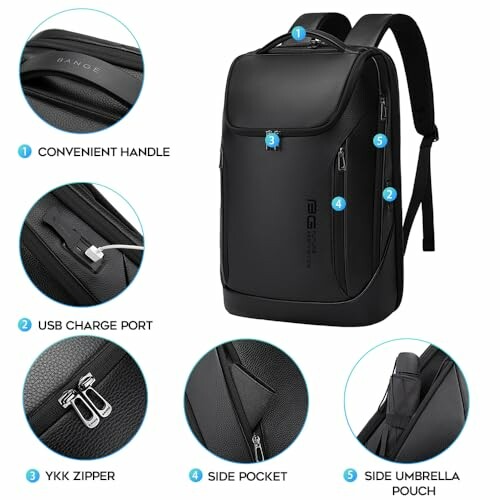 Black backpack with convenient handle, USB charge port, YKK zipper, side pocket, and side umbrella pouch.