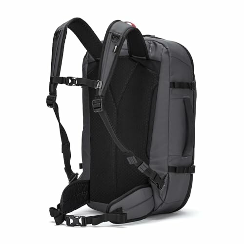 Black travel backpack with straps and side pockets.