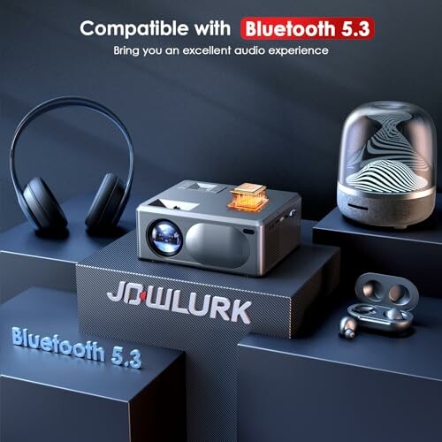 Bluetooth 5.3 devices including headphones, speaker, projector, and earbuds.