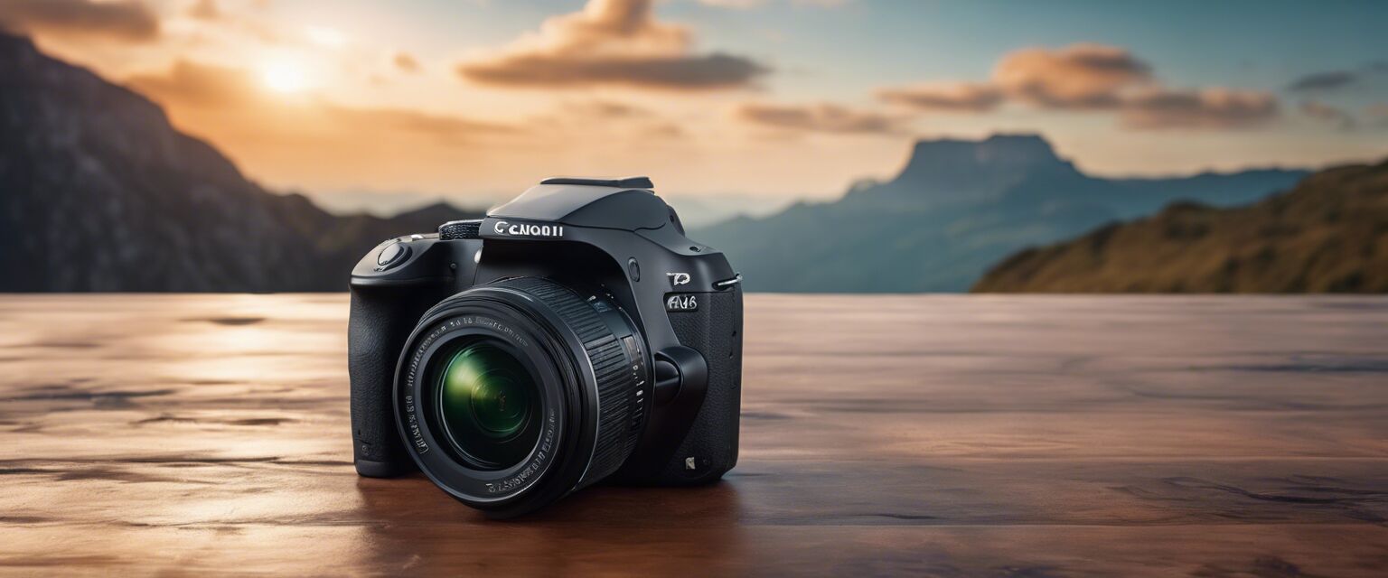 Compact digital camera on a table with scenic travel backdrop