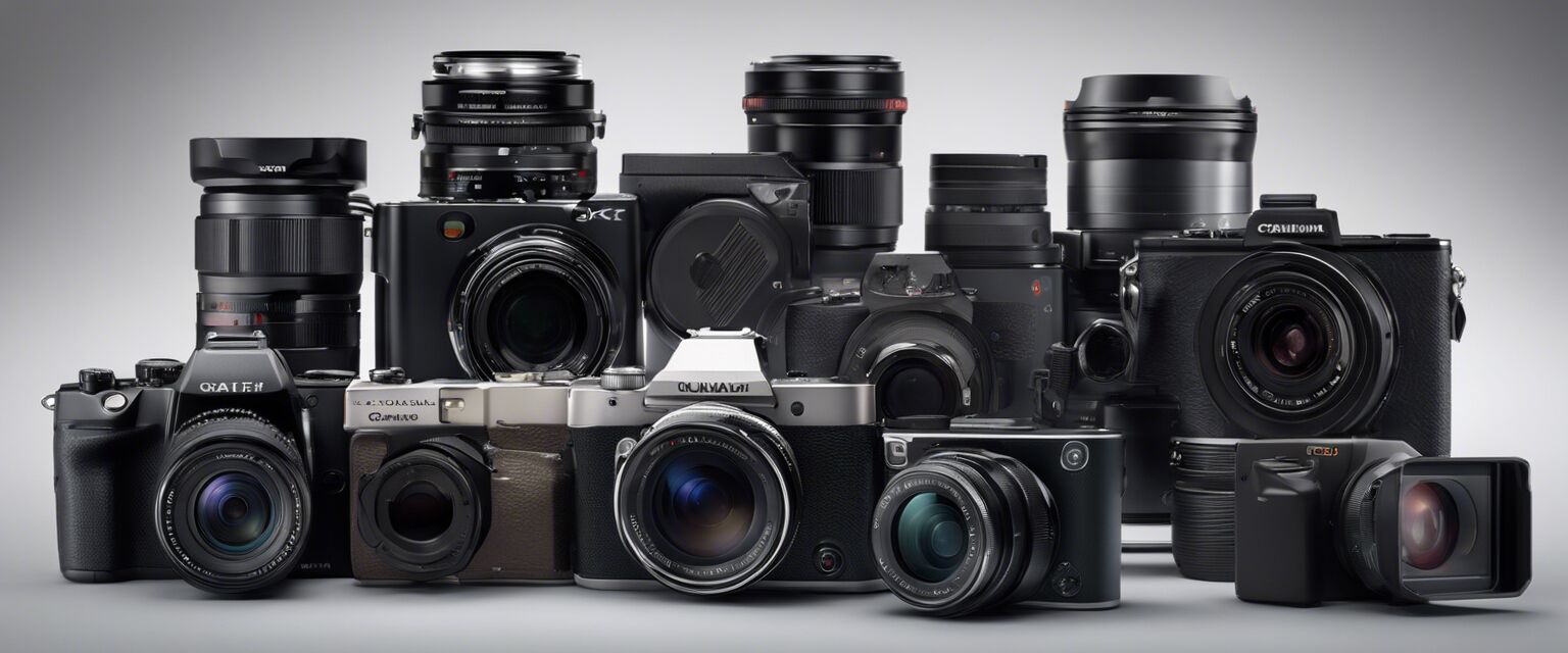 A display of various models of compact digital cameras