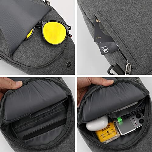 Compact travel sling bag with sunglasses, wallet, and gadgets in compartments.