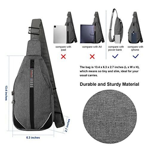 Crossbody sling bag with size comparisons to iPad, A4 paper, power bank, and iPhone.