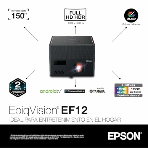 Epson EpiqVision EF12 projector with Android TV and Full HD HDR.