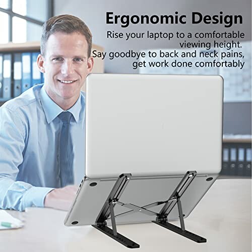 Man using ergonomic laptop stand in office setting