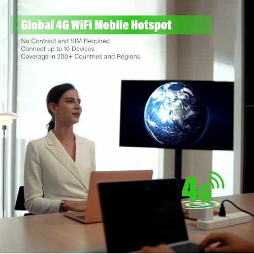 Business meeting with 4G WiFi mobile hotspot and earth image on screen.