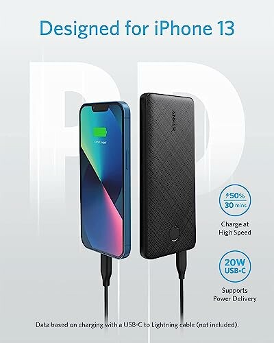 Anker power bank charging iPhone 13 with USB-C.