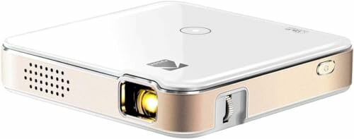 Compact white and gold mini projector with lens and control buttons.