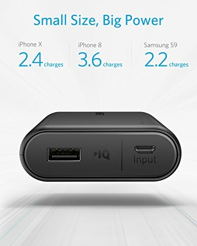 Portable charger with USB input and charging capacities for iPhone X, iPhone 8, and Samsung S9.