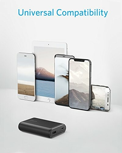 Power bank with various smartphones and tablets showcasing universal compatibility.