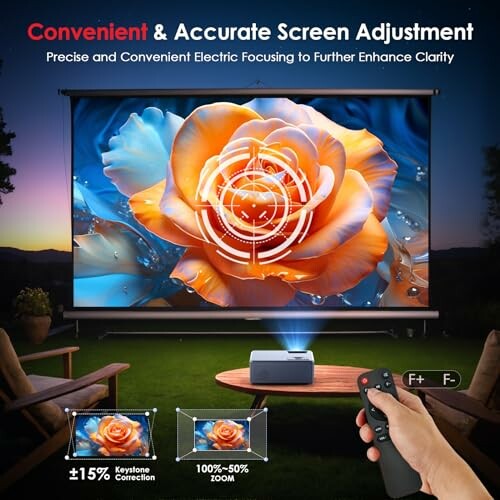 Outdoor projector with screen displaying a vibrant flower, highlighting focus and keystone correction features.