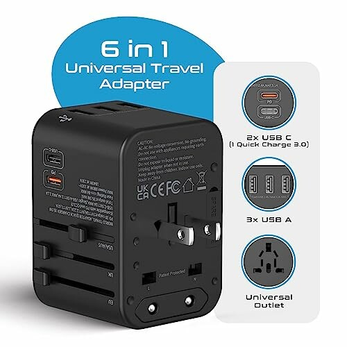 6 in 1 universal travel adapter with multiple USB ports and outlet.